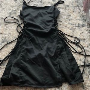 Black satin dress corset tied sides